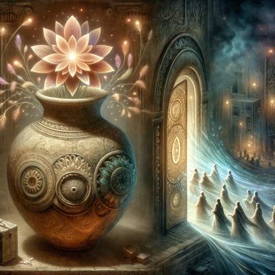 The primary subject of the image is a large vase filled with flowers, placed in a room with a doorway. The vase is the centerpiece of the scene, and it is surrounded by a variety of flowers. The setting appears to be a room with a doorway, which adds depth and context to the image. The visual style of the image is a combination of digital art and illustration, creating a unique and artistic representation of the vase and flowers. The colors and mood of the image are predominantly warm